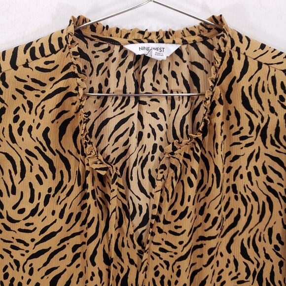 Nine West Blouse Womens Extra Large Tan Black Geometric Ruffle Neck Front Tie - Picture 2 of 10